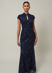 Navy Bodycon Maxi Dress with Embroidered Floral Pattern Navy