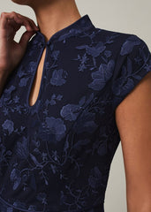 Navy Bodycon Maxi Dress with Embroidered Floral Pattern Navy