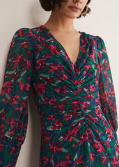 Multicoloured Floral Midi Dress with a Ruched V-Neck Multi-Coloured
