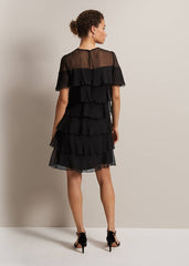 Black Tiered Shift Dress with Short Fluttery Sleeves Black
