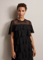 Black Tiered Shift Dress with Short Fluttery Sleeves Black