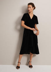 Julissa Velvet Ruffle Wrap Midi Dress Black