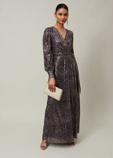 Sequin Maxi Dress with Long Sleeves & Wrap Around Bodice Rose Gold
