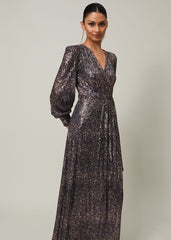 Sequin Maxi Dress with Long Sleeves & Wrap Around Bodice Rose Gold