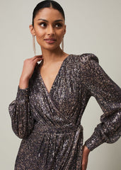Sequin Maxi Dress with Long Sleeves & Wrap Around Bodice Rose Gold