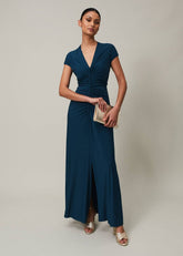 Ruched Maxi Dress with V-Neck & Short Sleeves in Teal Teal