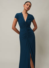 Ruched Maxi Dress with V-Neck & Short Sleeves in Teal Teal