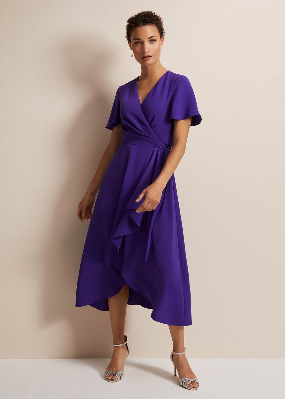 Purple Ruffle Wrap Midi Dress with V-Neck Purple
