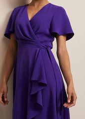 Purple Ruffle Wrap Midi Dress with V-Neck Purple