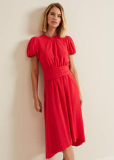 Paulina Coral Puff Sleeve Midi Dress Coral