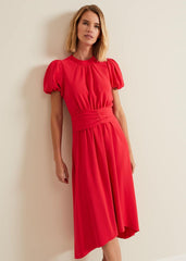 Paulina Coral Puff Sleeve Midi Dress Coral