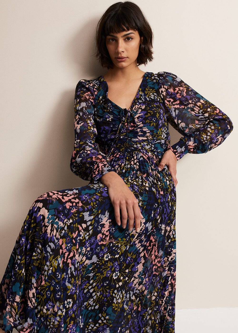Navy Multicoloured Tie Front Floral Pleated Midi Dress Multi-Coloured