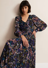 Navy Multicoloured Tie Front Floral Pleated Midi Dress Multi-Coloured
