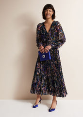 Navy Multicoloured Tie Front Floral Pleated Midi Dress Multi-Coloured
