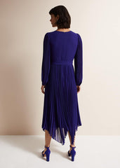 Cobalt Blue Long Sleeve Pleated Midi Wrap Dress Cobalt
