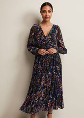 Petite Navy Multicoloured Floral Pleated Midi Dress Multi-Coloured