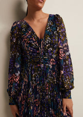 Petite Navy Multicoloured Floral Pleated Midi Dress Multi-Coloured