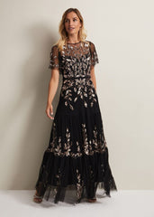 Hilary Beaded Tiered Maxi Dress Black