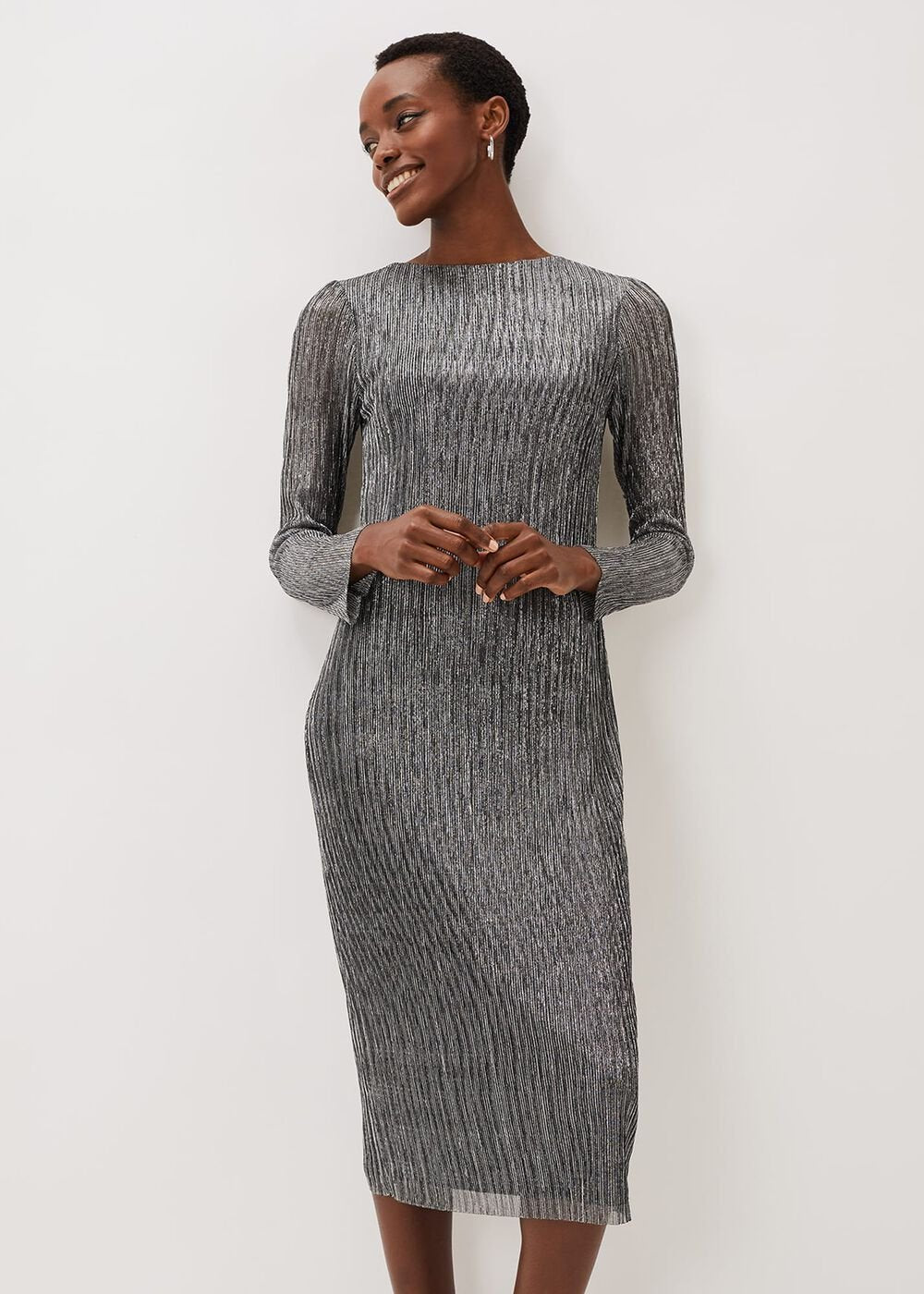 Alix Silver Plisse Midi Dress Silver