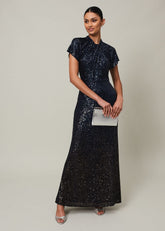 Navy Blue Ombre Sequin Maxi Dress Twisted Neckline Navy