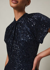 Navy Blue Ombre Sequin Maxi Dress Twisted Neckline Navy