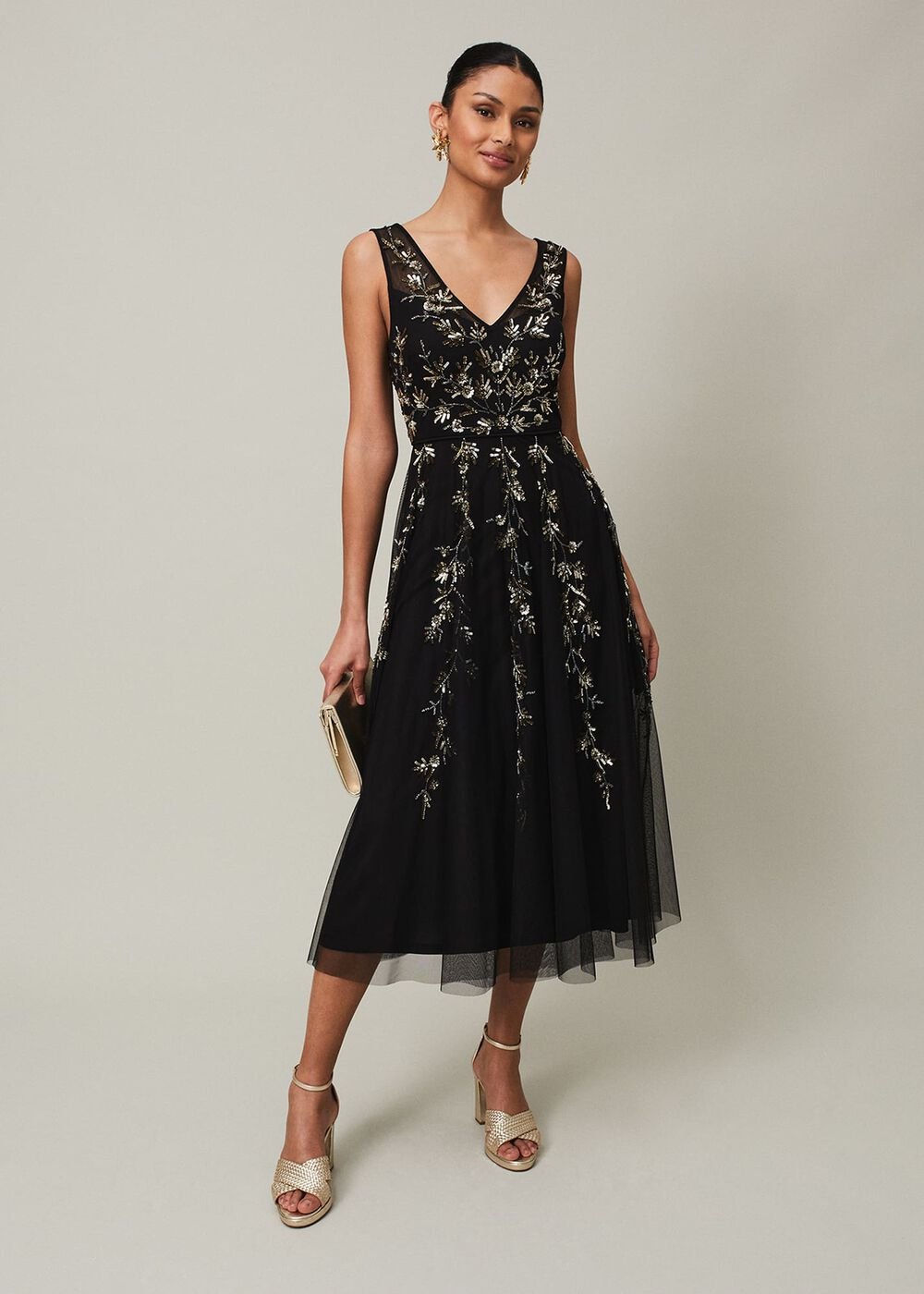 Marissa Floral Embellished Midi Dress Black