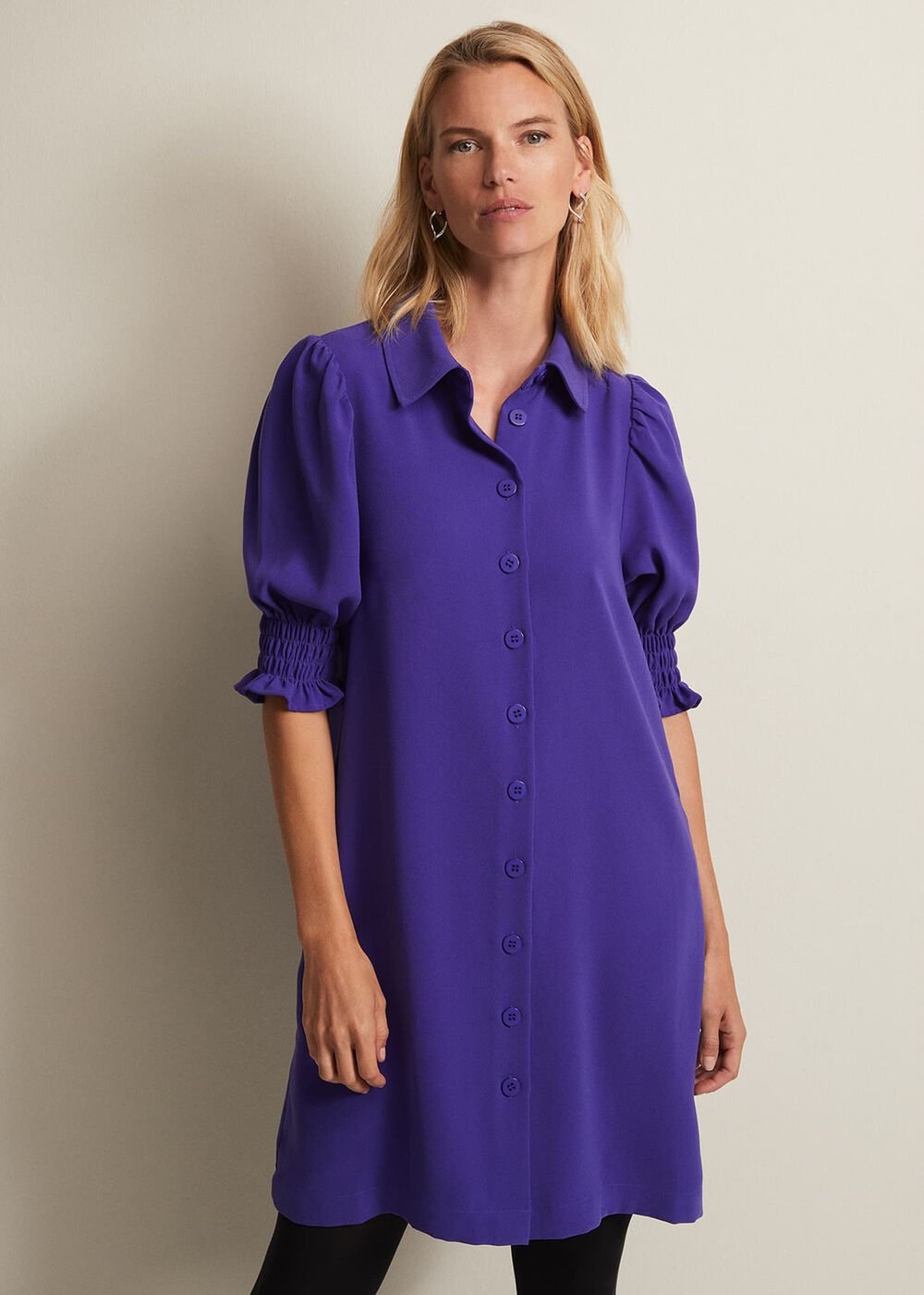 Purple Button Up Midi Dress With Ruched Sleeves Purple