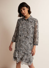 Black & White Zebra Print Button Down Shirt Dress Stone/Ivory