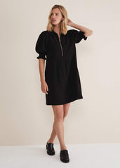 Black Zip Up Mini Dress With Frill Sleeve Cuffs Black