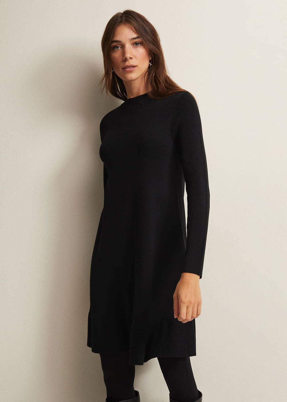 Black Fine Knit Mini Dress with Long Sleeves Black
