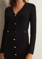 Black Knitted V-Neck Mini Dress with Long Sleeves Black