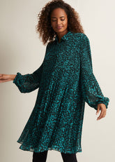 Green Ditzy Print Pleated Midi Dress With Long Sleeves Green