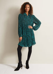 Green Ditzy Print Pleated Midi Dress With Long Sleeves Green