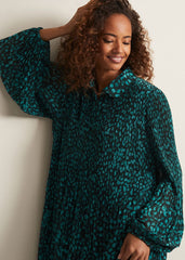 Green Ditzy Print Pleated Midi Dress With Long Sleeves Green