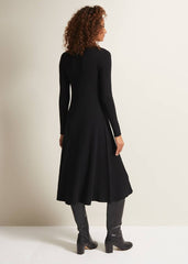Black Fit & Flare Dress with V-Neck & Long Sleeves Black