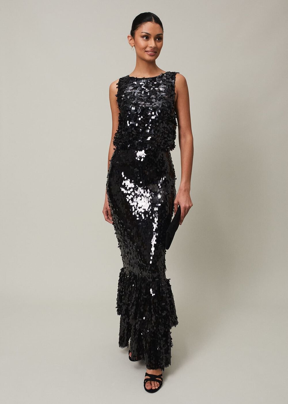 Elena Black Sequin Tiered Maxi Dress Black