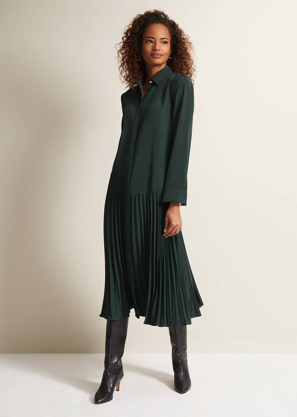 Helena Pleated Shirt Midi Dress Dark Green