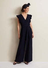 V-Neck Wide Leg Jumpsuit with Frill Sleeves in Dark Navy Navy