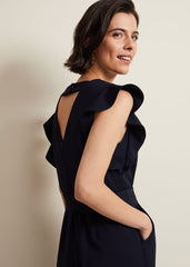 V-Neck Wide Leg Jumpsuit with Frill Sleeves in Dark Navy Navy