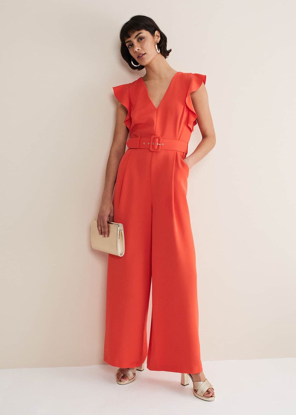 Kallie V Neck Frill Jumpsuit Orange