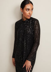Petite Cindy Black Sequin Midi Dress Black