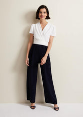 Black & White Jumpsuit with Wrap Bodice & Tie Detail Navy/Ivory