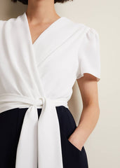 Black & White Jumpsuit with Wrap Bodice & Tie Detail Navy/Ivory