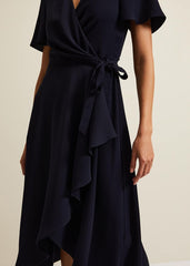 Navy Frill Wrap Dress with V-Neck & Fluted Sleeves Navy