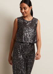 Petite Aubrey Sequin Wide Leg Jumpsuit Gunmetal