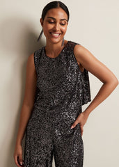 Petite Aubrey Sequin Wide Leg Jumpsuit Gunmetal