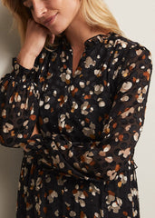 Leopard Print Midi Dress With Semi Sheer Long Sleeves Black Multi