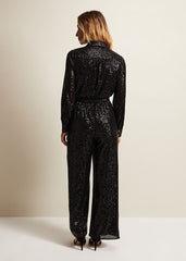 Alessandra Black Sequin Shirt Jumpsuit Black
