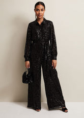 Petite Alessandra Black Sequin Jumpsuit Black
