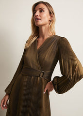 Adrianna Foil Pleated Maxi Dress Metallic